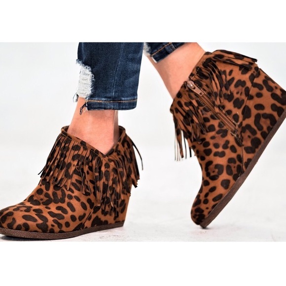 Leopard Print Fringe Wedge Booties - Picture 5 of 5